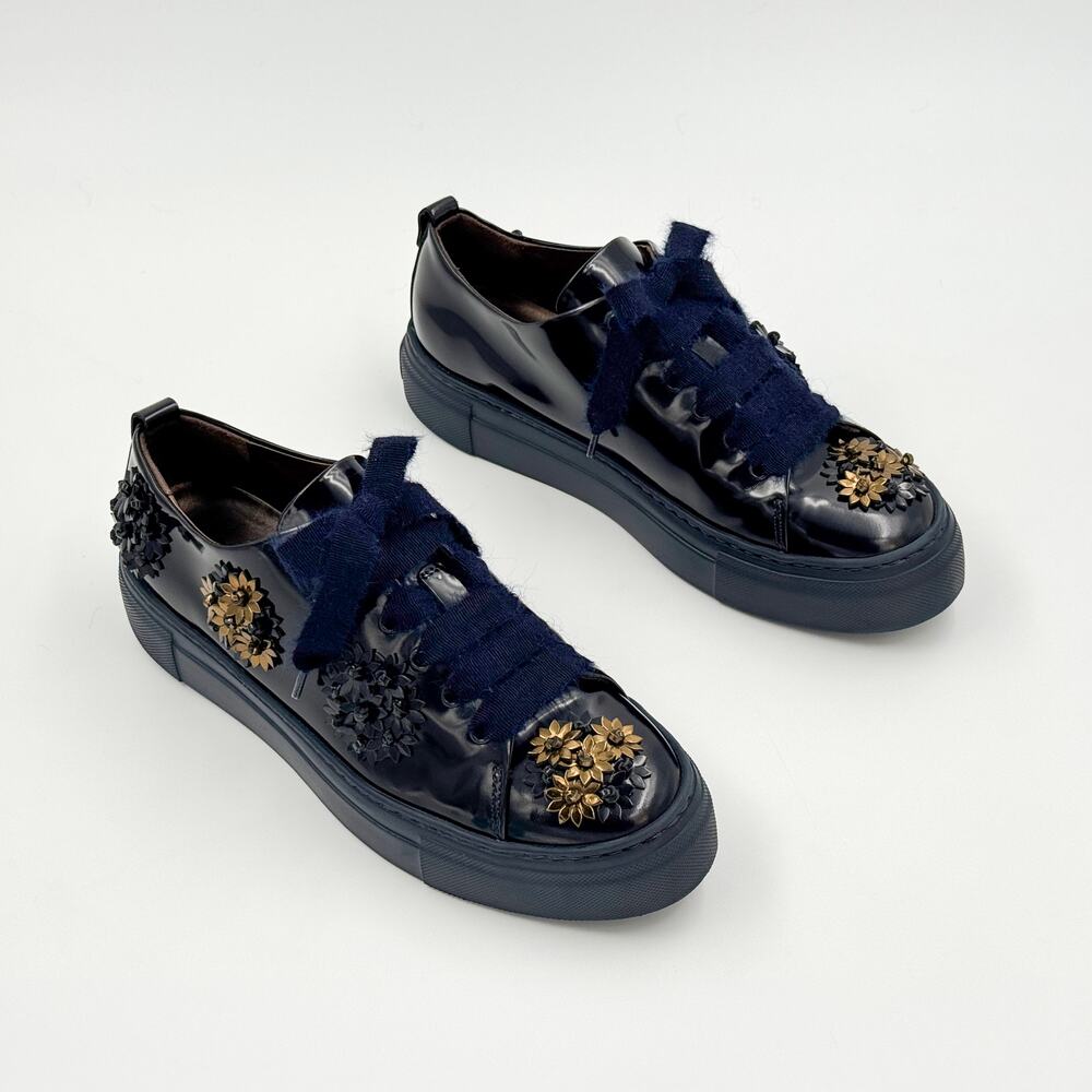 AGL Attilio Giusti Leombruni Black Nero-Blue Patent Floral Platform Sneaker 39.5